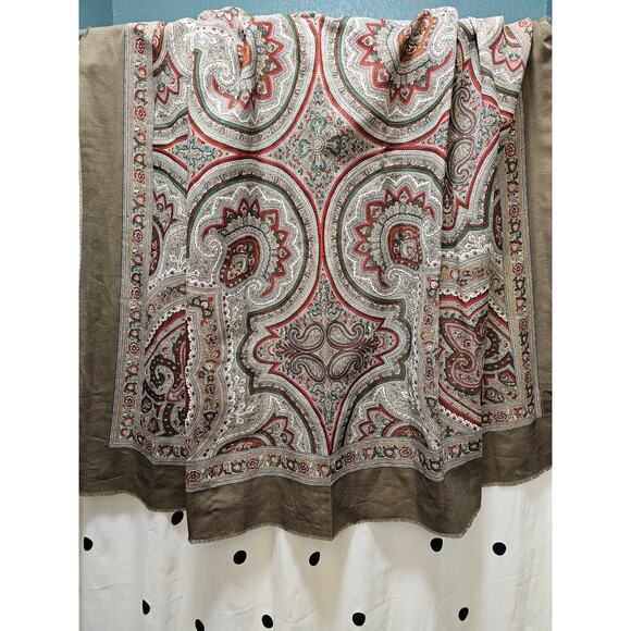 Italian made olive green paisley polyester woven large square raw edge scarf - Picture 5 of 8